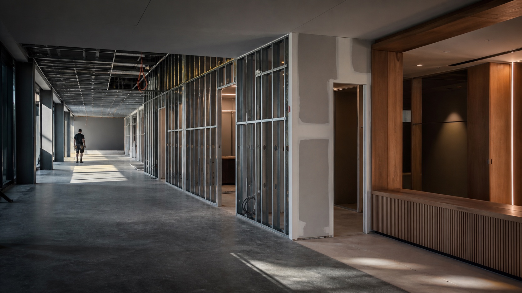 Interior fitout shown from partition framing through to finished carpentry