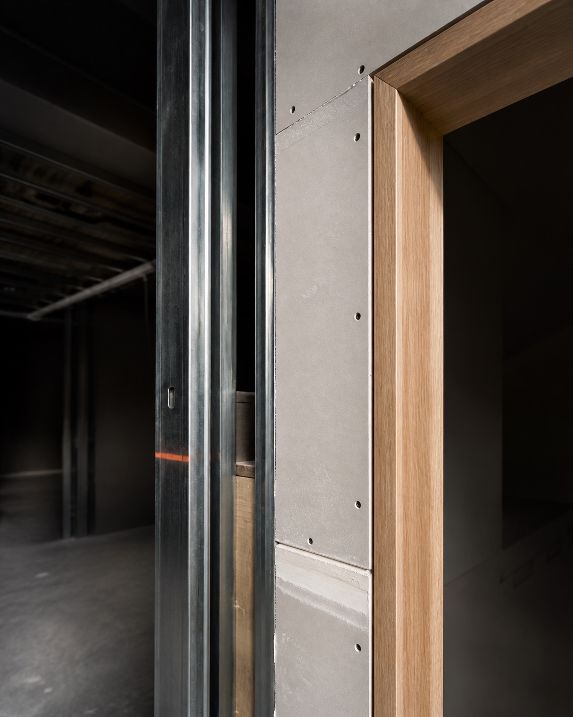 Metal framing, plasterboard lining and timber junction detail